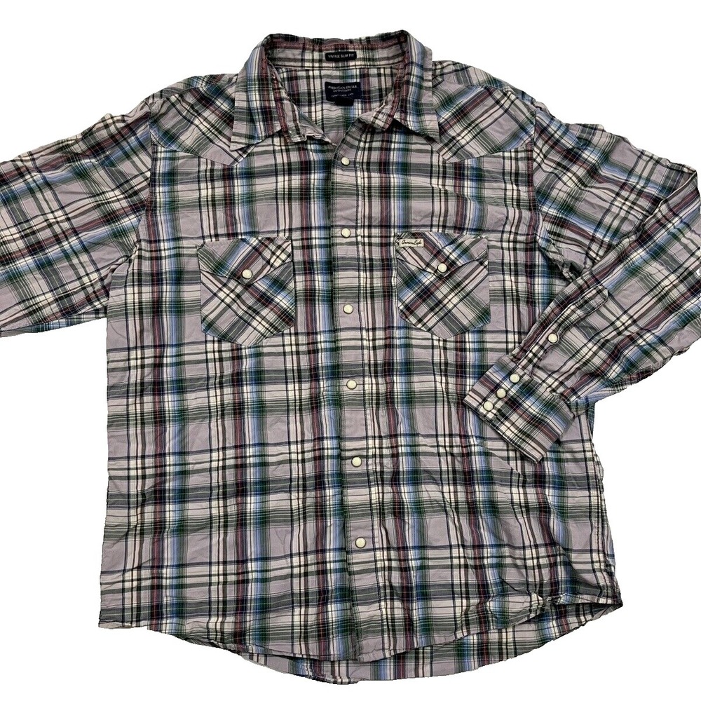 Vintage Slim Fit American Eagle Outfitters Plaid Pearl Snap Western Shirt XL Y2K